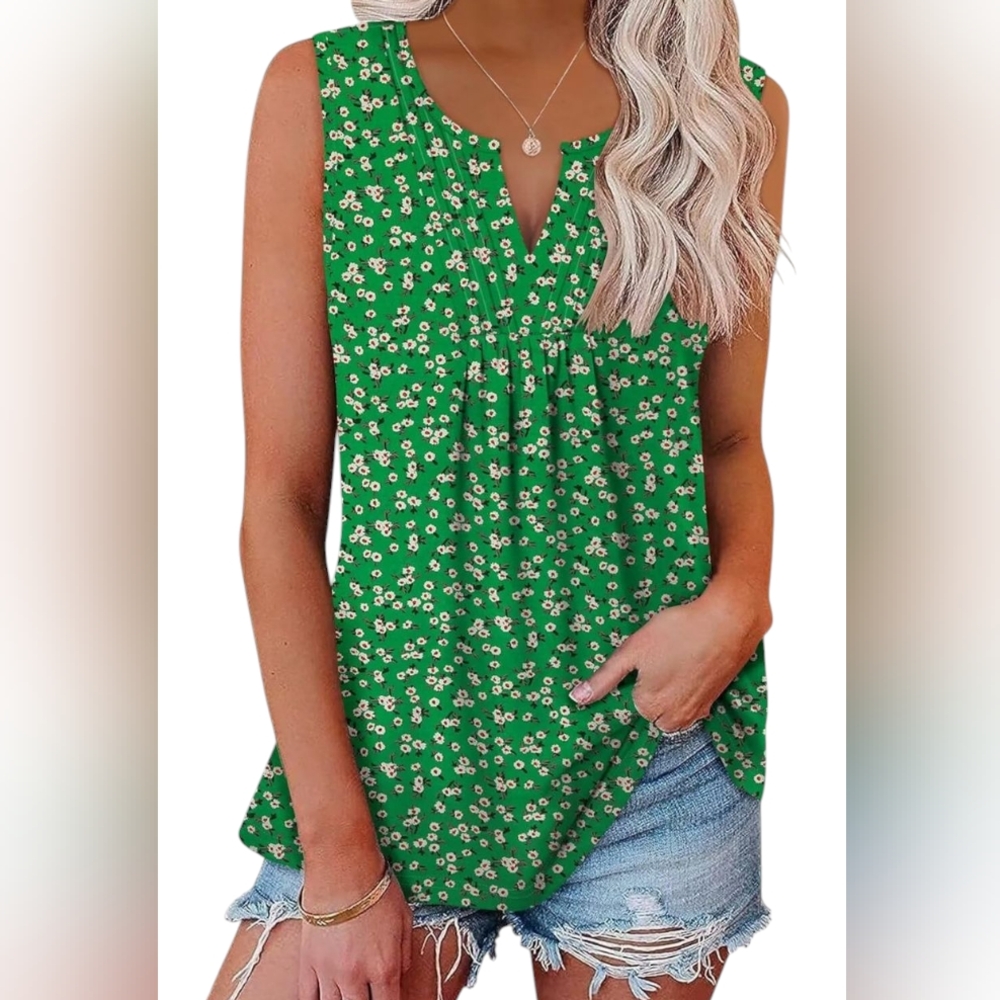 🆕 Women's Sleeveless Green & Floral Print Knit Top